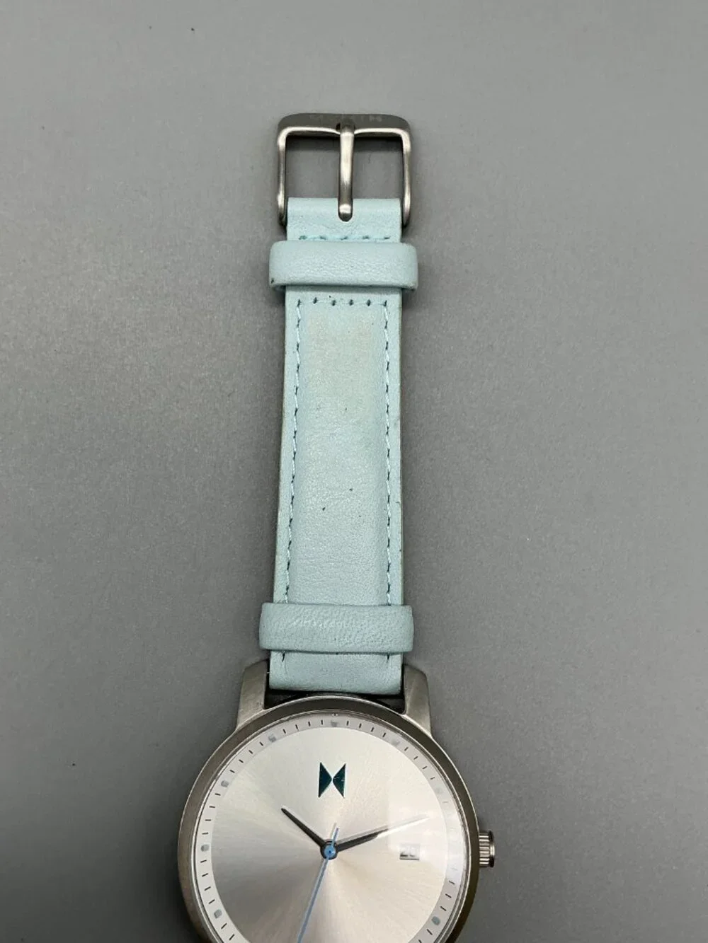 MVMT Skyline Womens Watch 38mm Silver Tone Blue Leather Band New Battery